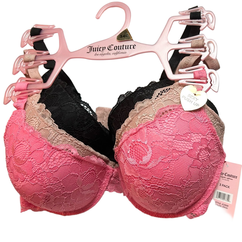 Juicy Couture 3 Sexy Push-up Bra’s Lace Detail Pink Black Tan 34C or 36C NWT